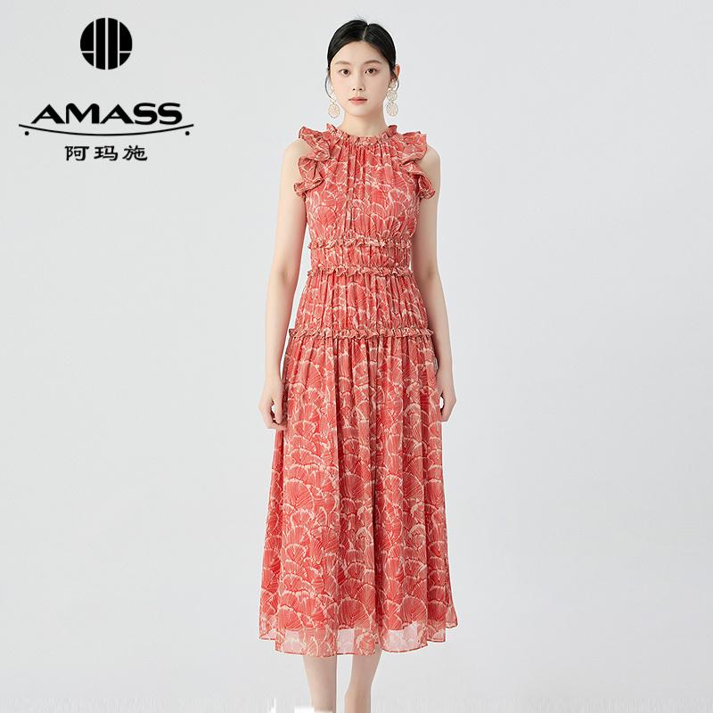 阿玛施AMASS 夏日色彩浪漫花边金银丝无袖连衣裙550027
