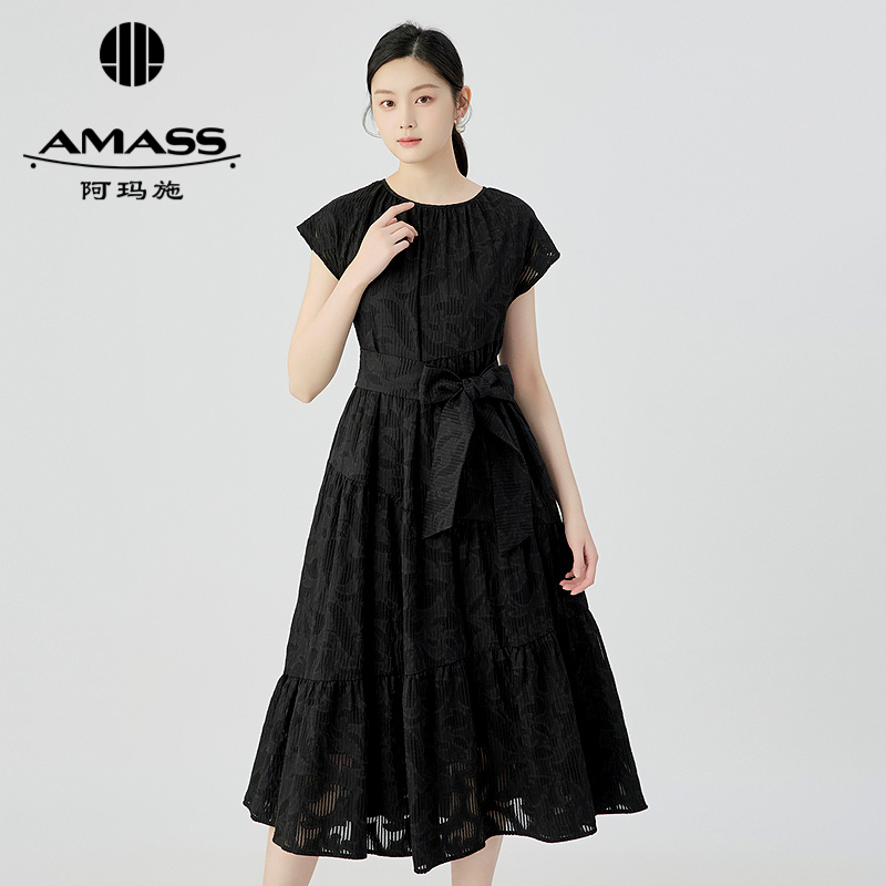 阿玛施AMASS 气质肌理感圆领抽褶无袖连衣裙附内搭5500533
