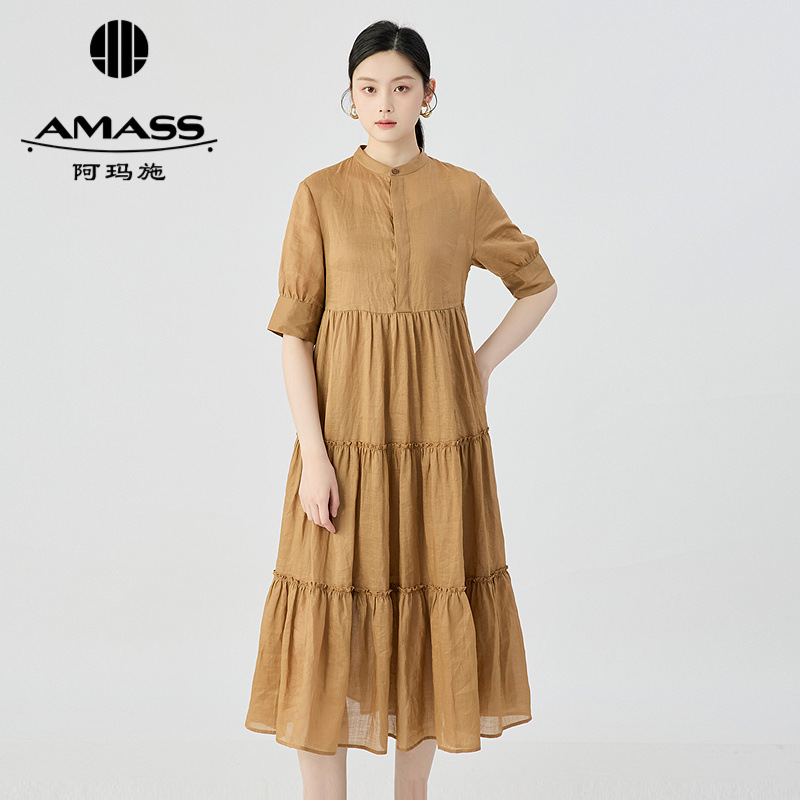 阿玛施AMASS 新中式小立领分层做褶苎麻短袖连衣长裙附内搭550061
