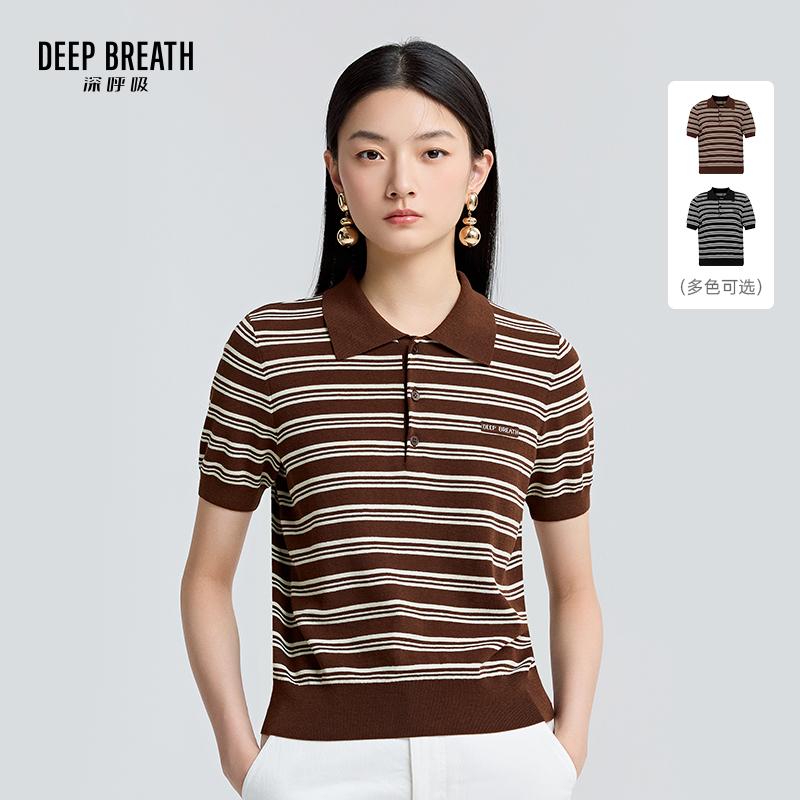DEEP BREATH深呼吸女装 POLO领条纹撞色提花章仔装饰针织衫A301821