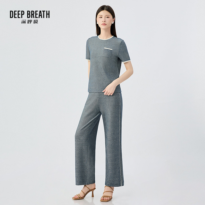 DEEP BREATH深呼吸女装 圆领拼色短袖直筒长裤针织套装A301831-A100445