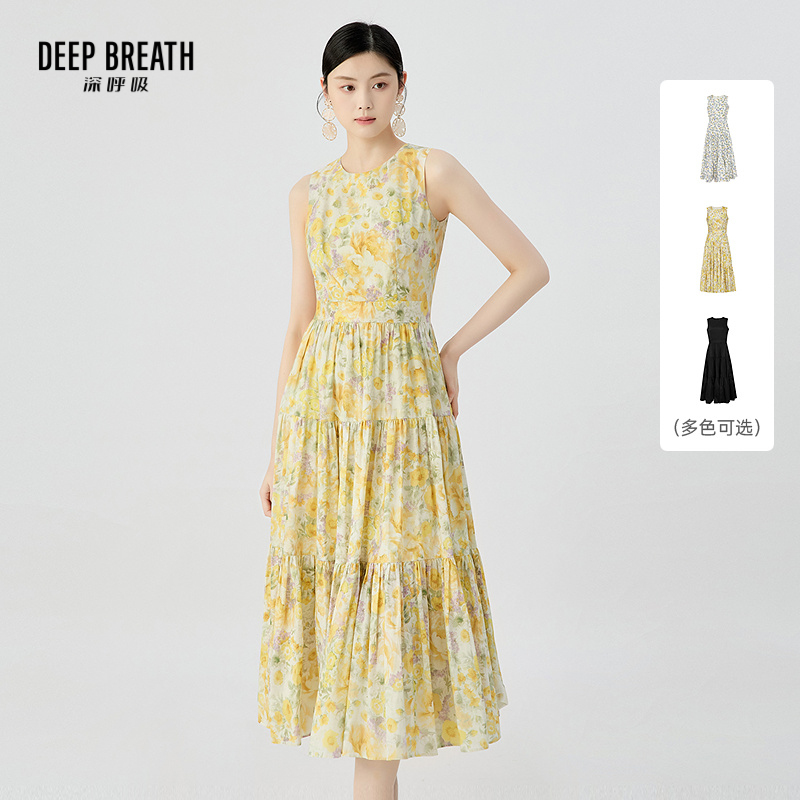 DEEP BREATH深呼吸女装 无袖收腰长裙印花背心蛋糕裙连衣裙A500458