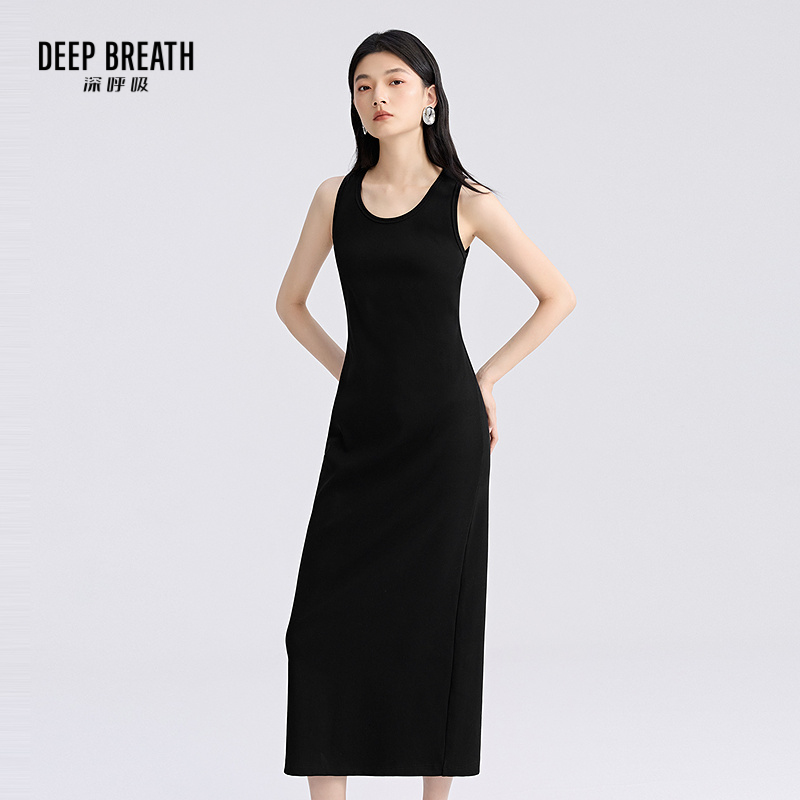 DEEP BREATH深呼吸女装 简约坑条无袖U领修身长款连衣裙A500485