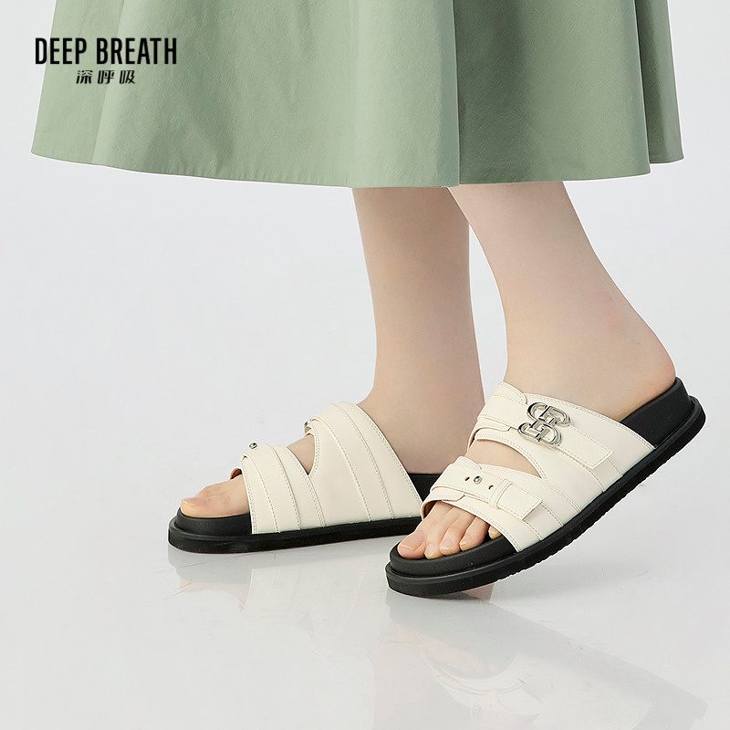 DEEP BREATH深呼吸女鞋 舒适一脚蹬牛皮魔术贴可调节拖鞋凉鞋女鞋AX14119