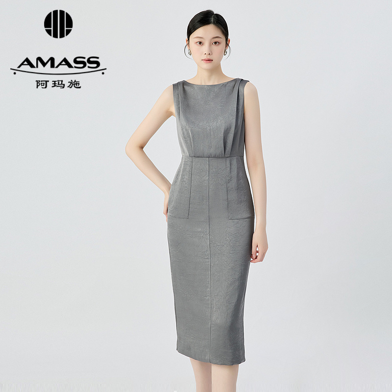 阿玛施AMASS 通勤质感肌理纹无袖收腰中长款连衣裙5500508