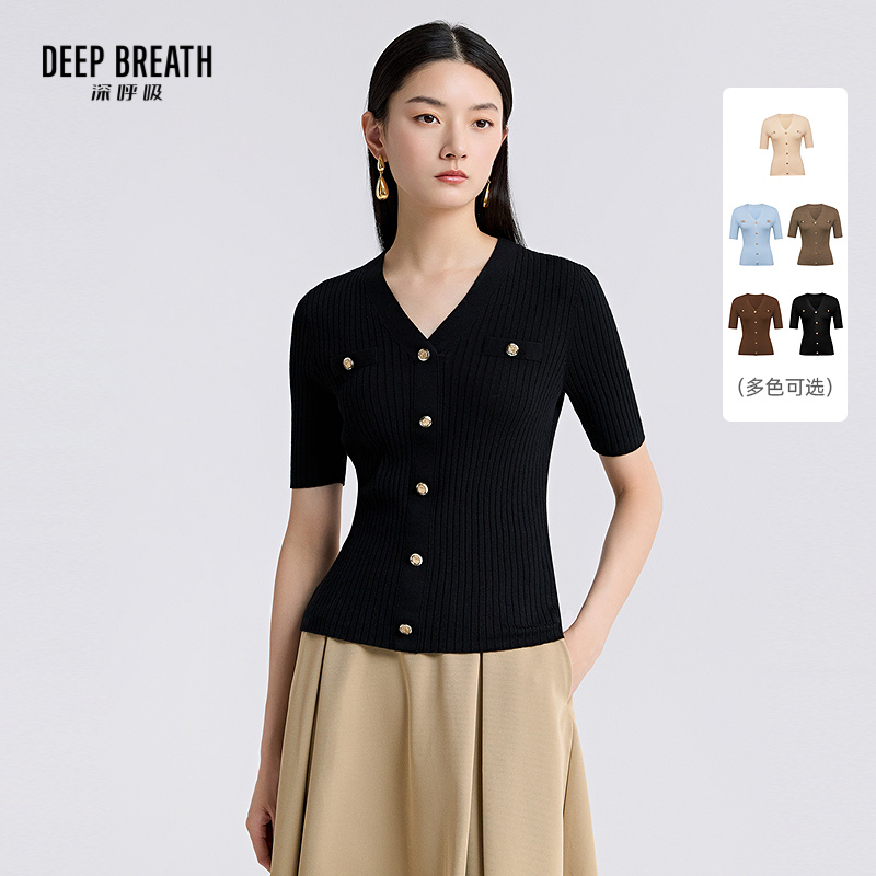 DEEP BREATH深呼吸女装 纯羊毛V领装饰扣半袖坑条针织衫女A301210