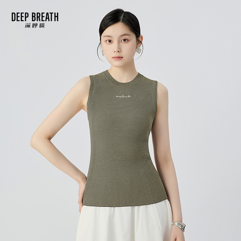 DEEP BREATH深呼吸女装 新款圆领花纱坑条修身无袖针织背心A301943