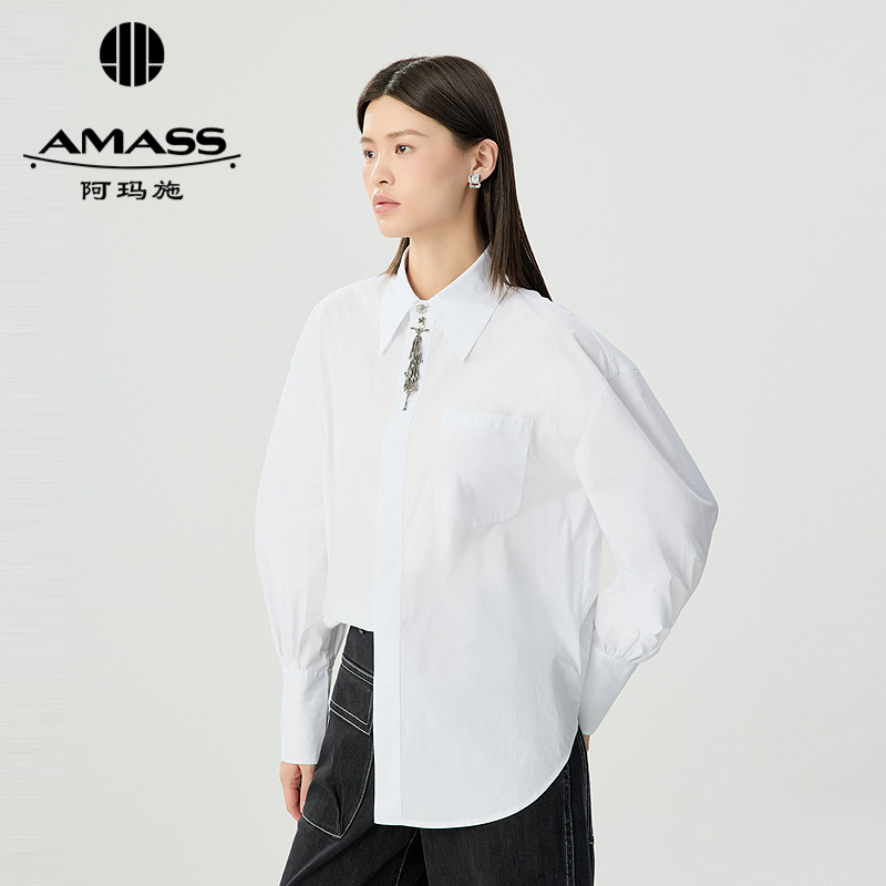 阿玛施AMASS 重工手工钉珠章仔工艺棉质白衬衫530052