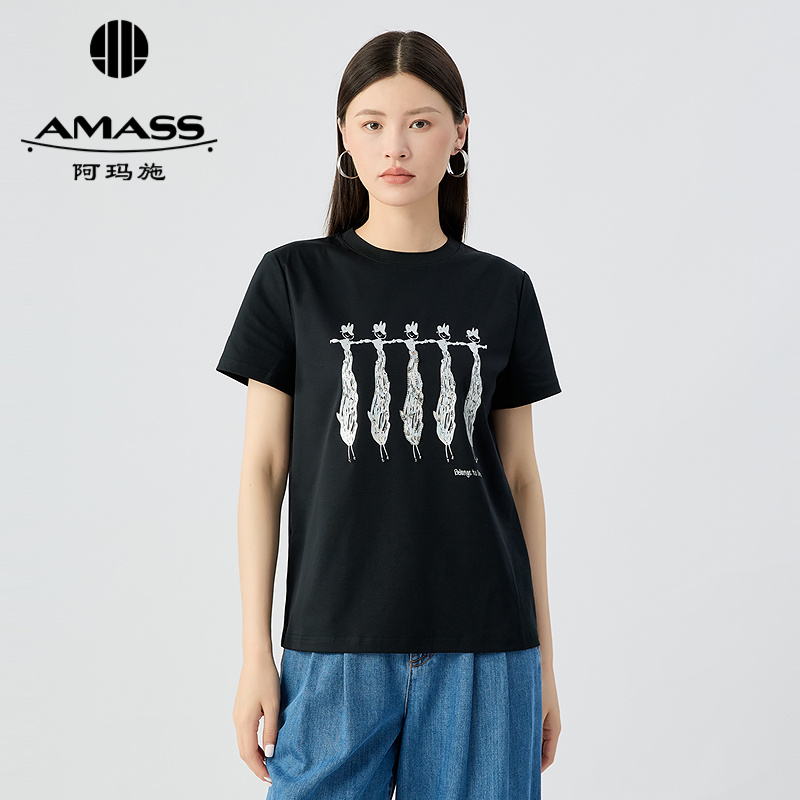 阿玛施AMASS 舒适百搭印花圆领T恤530082
