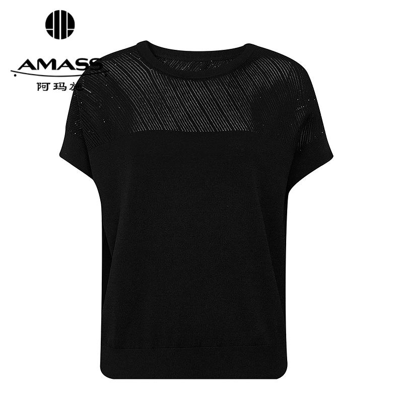 阿玛施AMASS 舒适百搭肩位镂空亮片设计圆领短袖针织衫538012