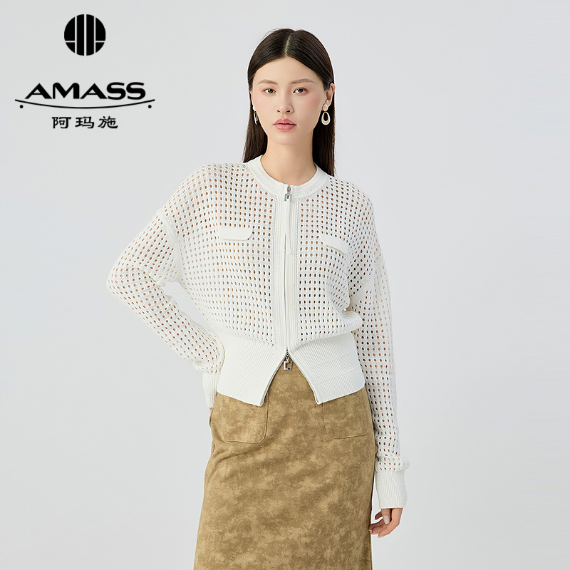 阿玛施AMASS 时髦百搭胸前袋盖装饰显瘦拉链长袖针织开衫548032