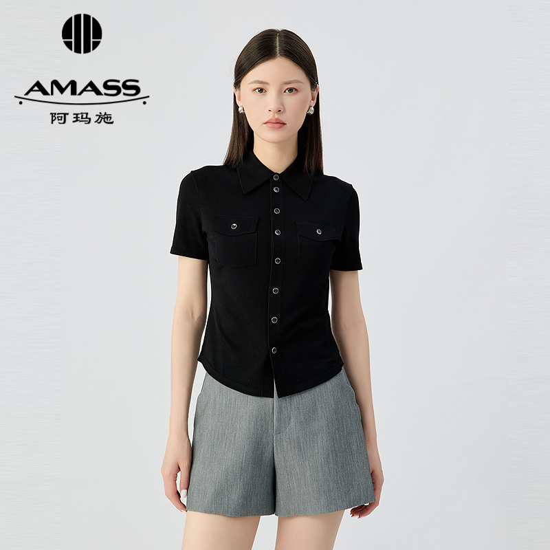 阿玛施AMASS 简约气质polo领双口袋设计针织衫548038