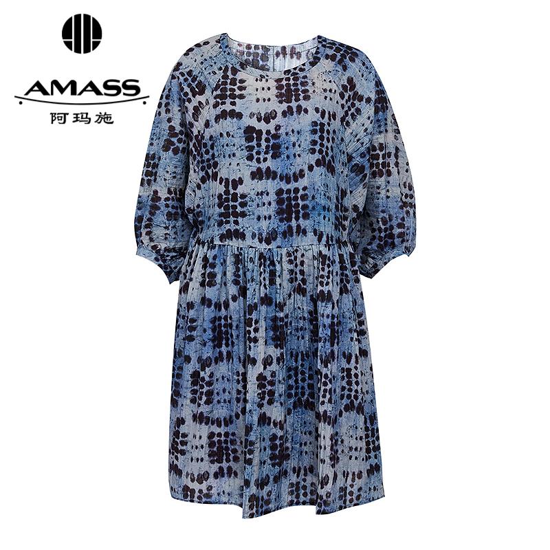 阿玛施AMASS 优雅气质泡泡袖腰间抽褶设计两件套连衣裙550019