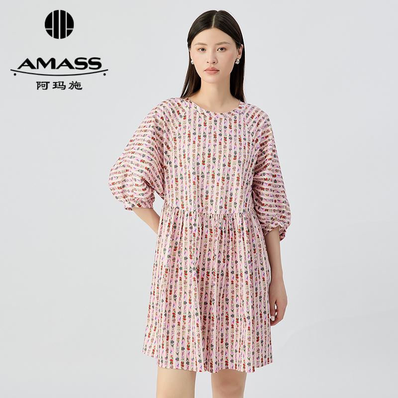阿玛施AMASS 清新撞色腰间抽褶宽松短款连衣裙550019
