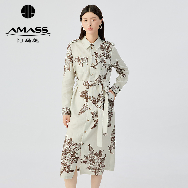 阿玛施AMASS 春夏亚麻印花单排扣翻领工装长袖连衣裙附腰带550021
