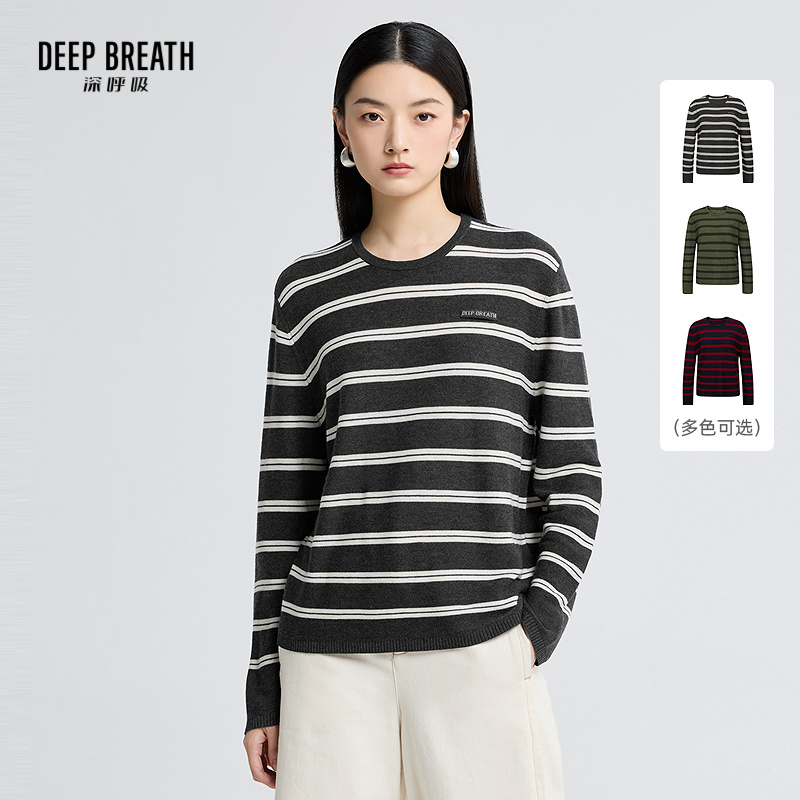 DEEP BREATH深呼吸女装 圆领简约拼色条纹贴唛宽松长袖针织上衣A301808