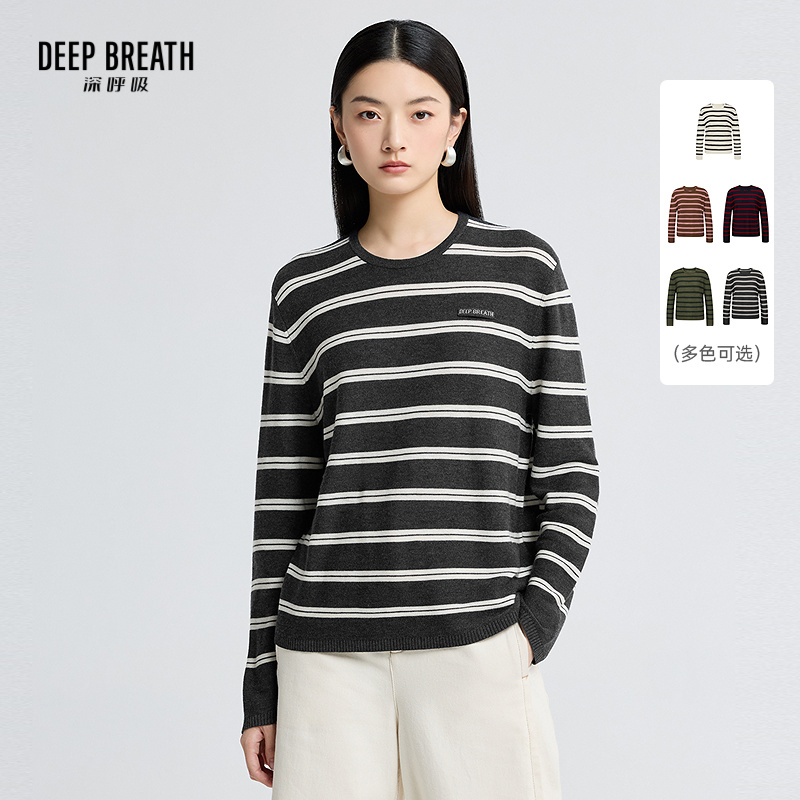 DEEP BREATH深呼吸女装 圆领简约拼色条纹贴唛宽松长袖针织上衣A301808