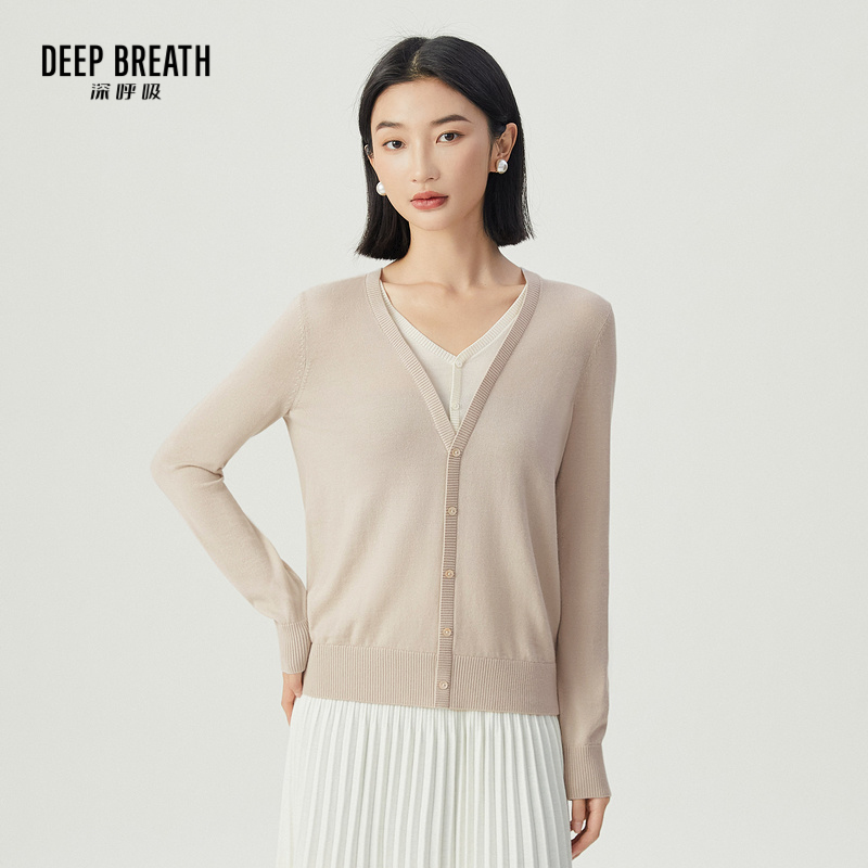 DEEP BREATH深呼吸女装 简约V领假两件拼色羊毛针织衫上衣A301339