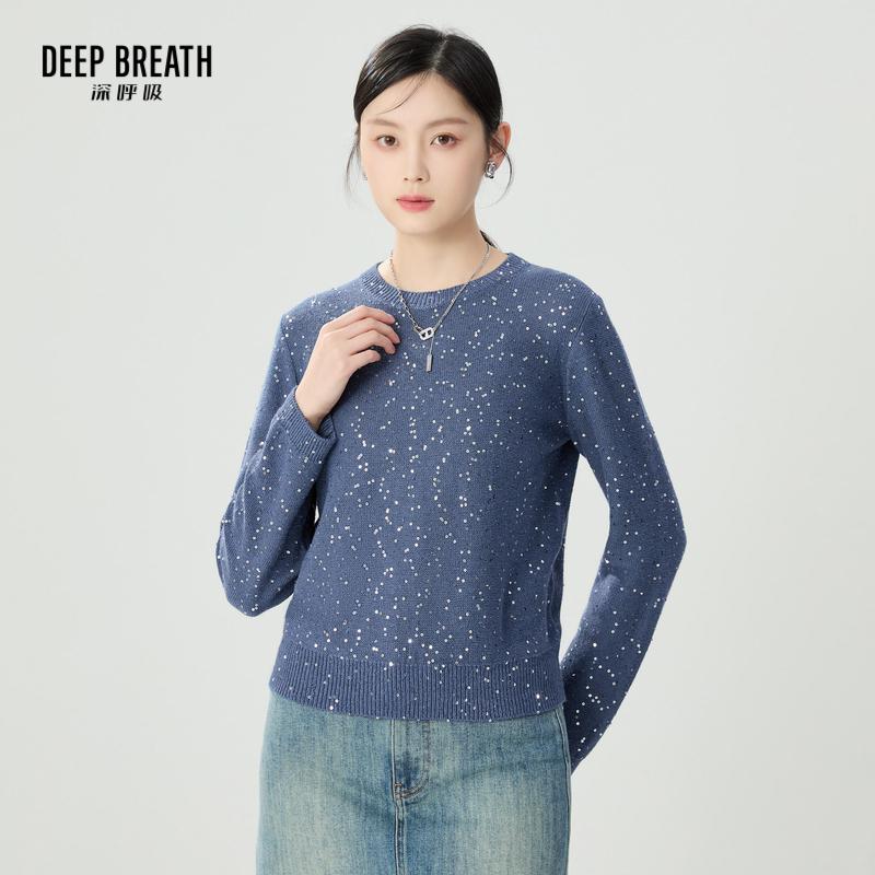 DEEP BREATH深呼吸女装 亚麻棉珠片长袖针织套头衫A301616