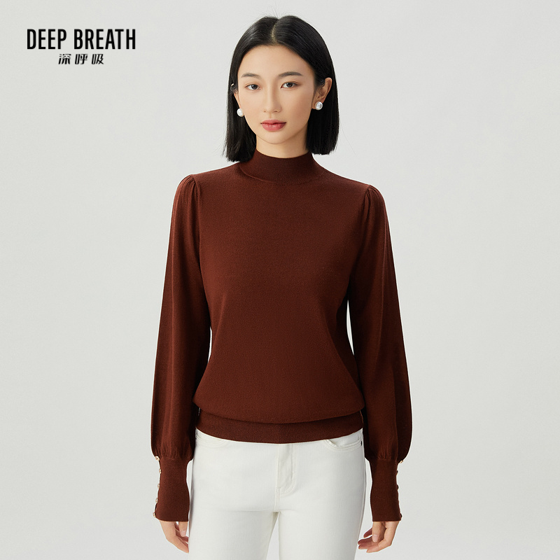 DEEP BREATH深呼吸女装 半高领金属扣羊毛衫泡泡袖针织衫A301328