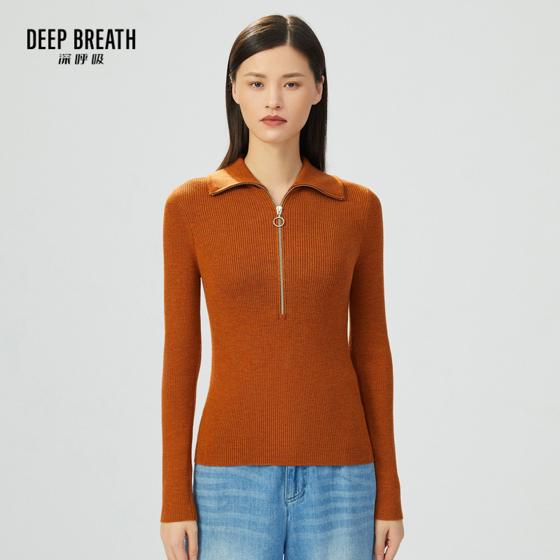 DEEP BREATH深呼吸女装 竖坑条拉链翻领羊毛针织衫A300996