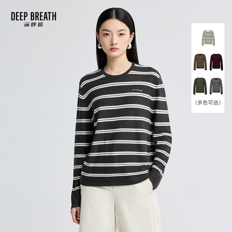 DEEP BREATH深呼吸女装 圆领简约拼色条纹贴唛宽松长袖针织上衣A301808