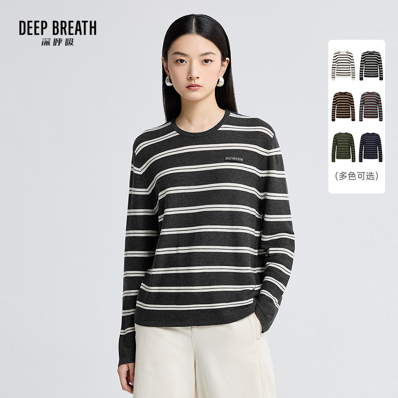 DEEP BREATH深呼吸女装 圆领简约拼色条纹贴唛宽松长袖针织上衣A301808