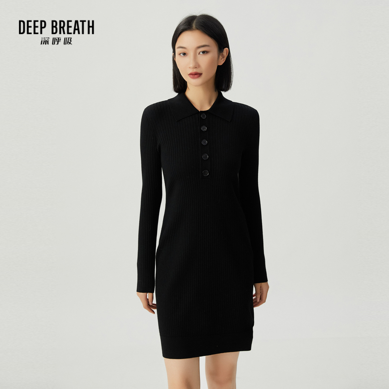 DEEP BREATH深呼吸女装 翻领竖坑条长袖针织洋装A500287