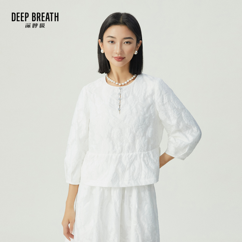 DEEP BREATH深呼吸女装 新中式风八分袖圆领提花上衣A301525