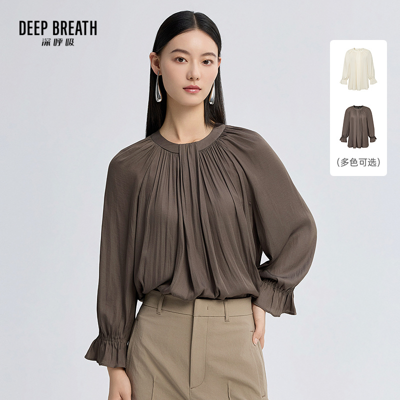 DEEP BREATH深呼吸女装 圆领中式八分袖衬衫松弛感喇叭袖上衣A301992