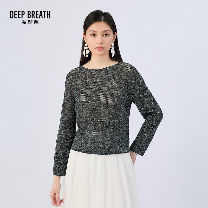 DEEP BREATH深呼吸女装 圆领花纱珠片镂空肌理长袖针织衫A302196