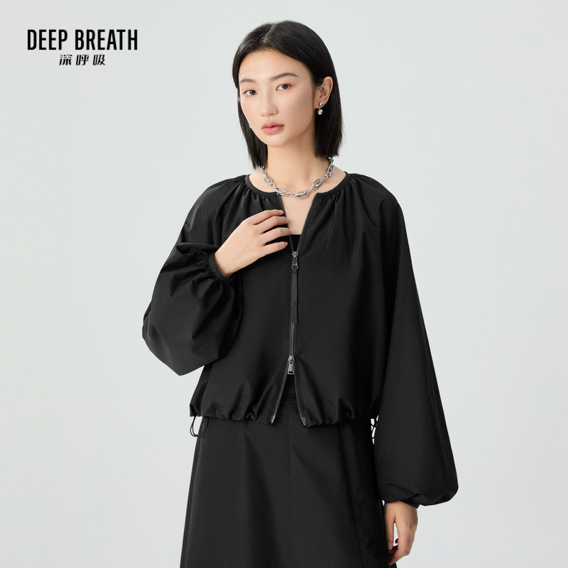 DEEP BREATH深呼吸女装 简约圆领三醋酸廓形外套黑色夹克A401224