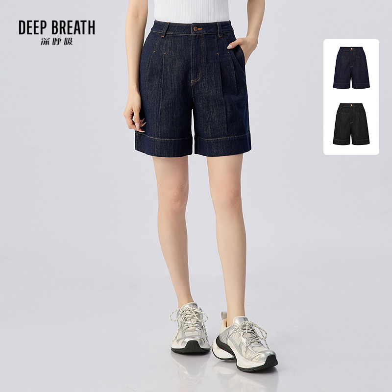 DEEP BREATH深呼吸女装 高腰压褶短裤百搭休闲牛仔裤百慕大裤子A100702