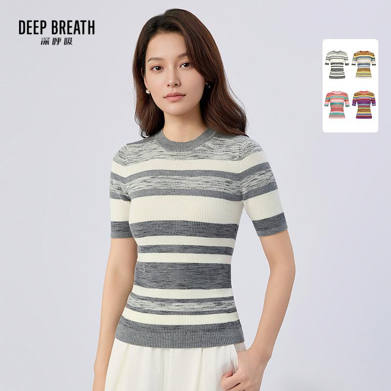 DEEP BREATH深呼吸女装 简约彩条拼色半袖针织衫条纹A301202