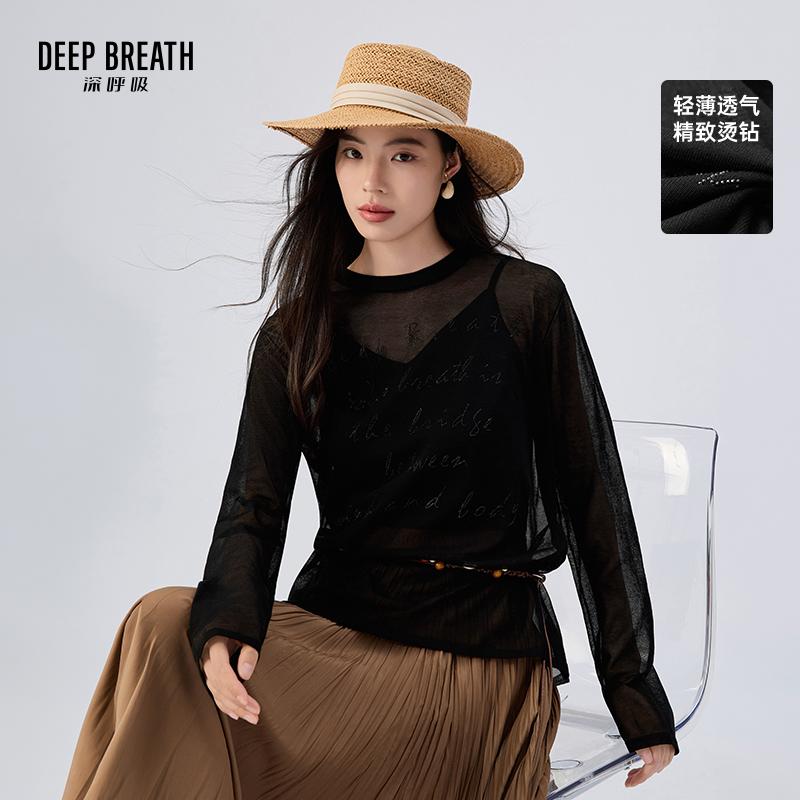 DEEP BREATH深呼吸女装 烫钻圆领透纱质感宽松针织长袖上衣A302153