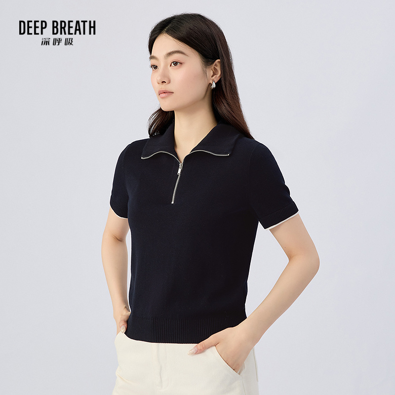 DEEP BREATH深呼吸女装 新款POLO领廓形直身半拉链拼色针织衫A302217