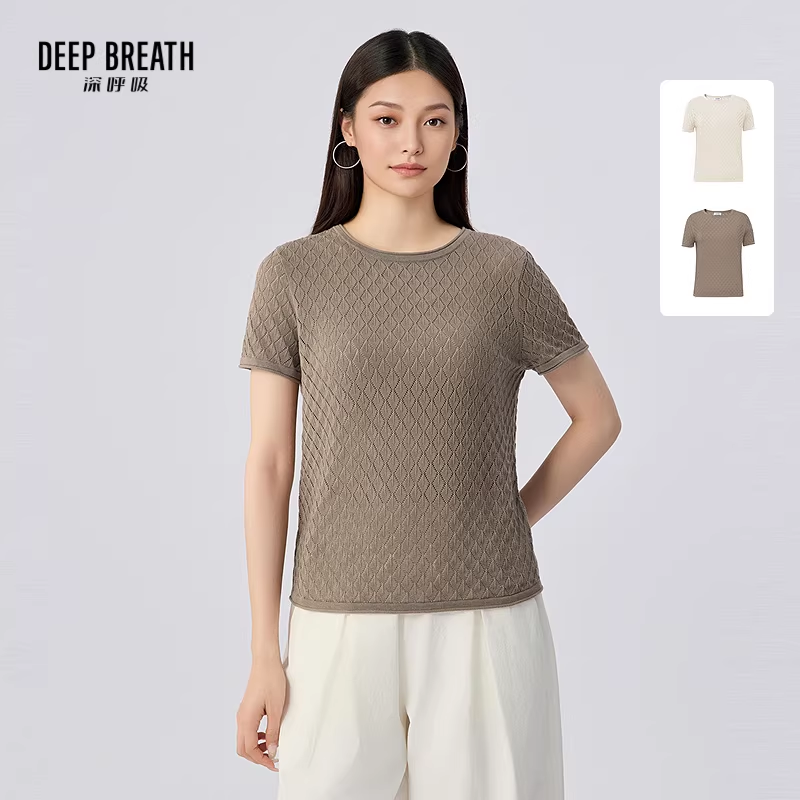 DEEP BREATH深呼吸女装 花纹镂空短袖针织衫圆领上衣纯色T恤A302302