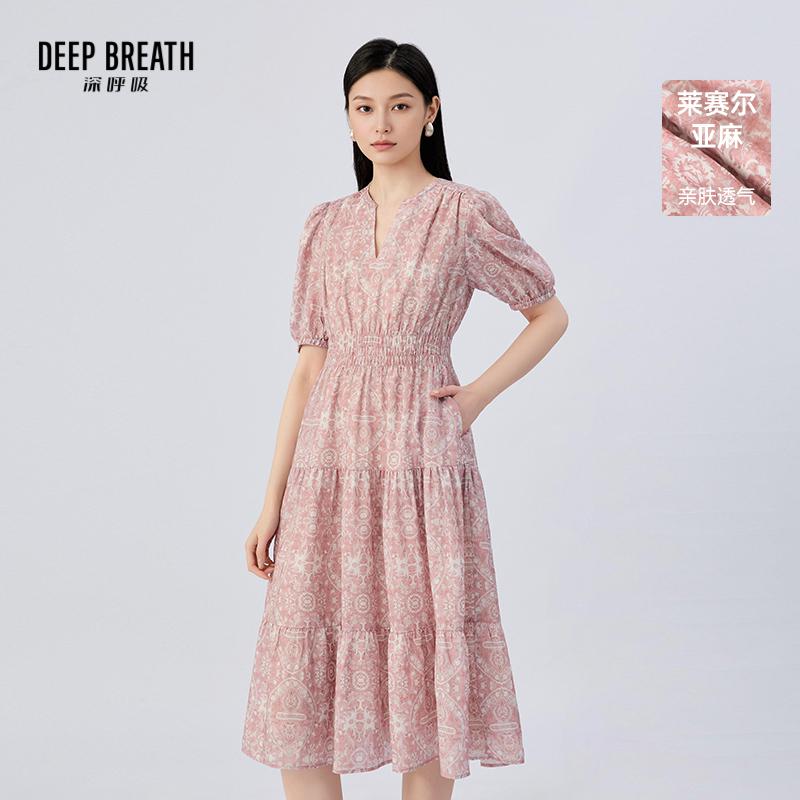 DEEP BREATH深呼吸女装 V领印花泡泡袖连衣裙收腰蛋糕层长裙A500595
