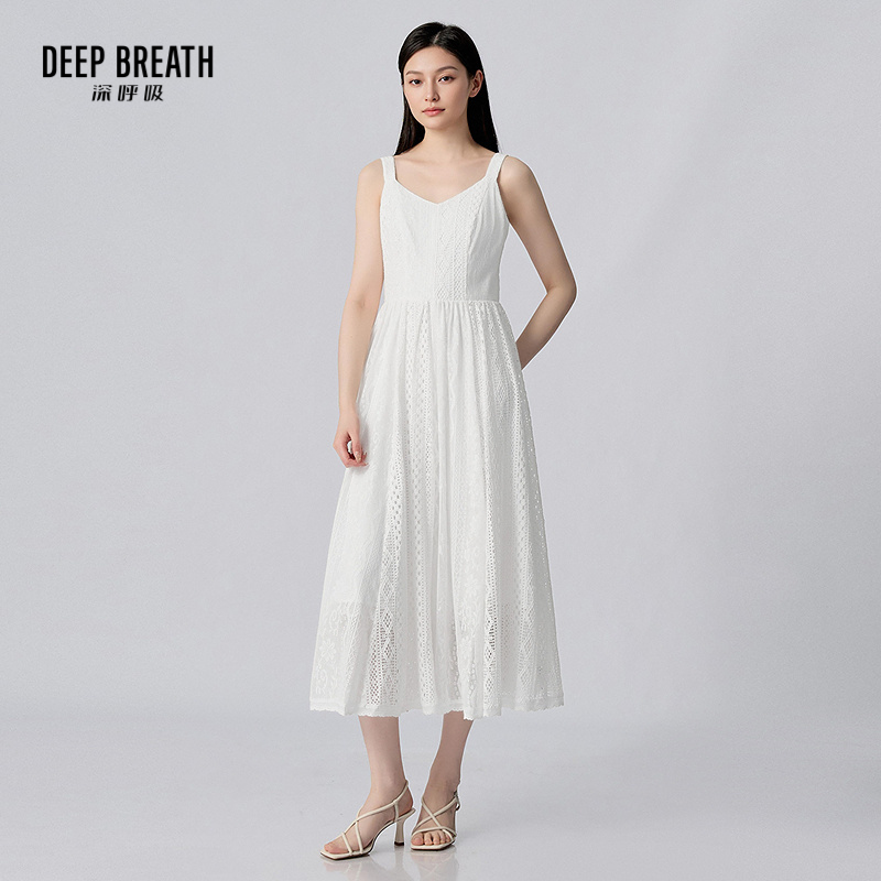 DEEP BREATH深呼吸女装 新款重磅蕾丝吊带质感长款连衣裙小白裙A500634