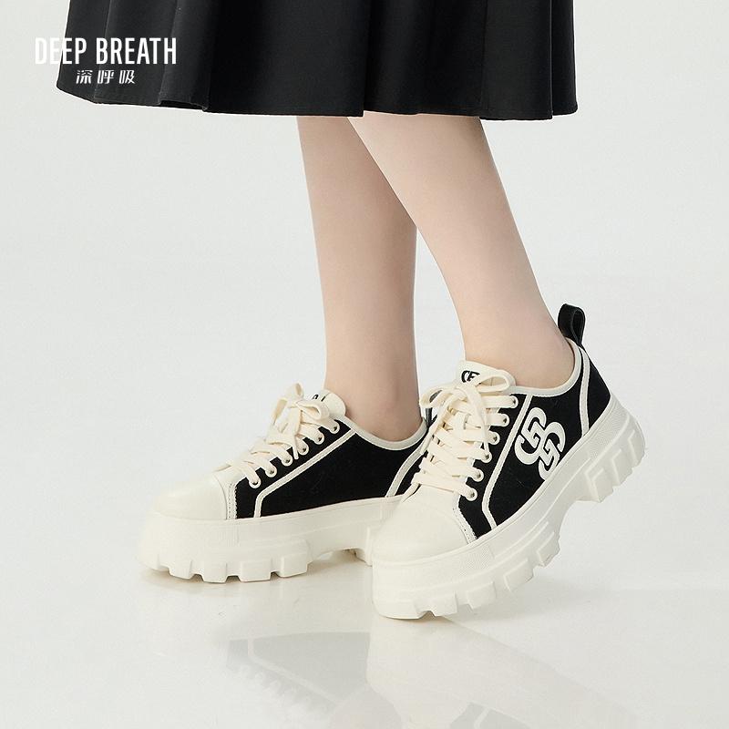 DEEP BREATH深呼吸女鞋 厚底低帮绑带拼皮小花休闲鞋帆布鞋小白鞋AX12298