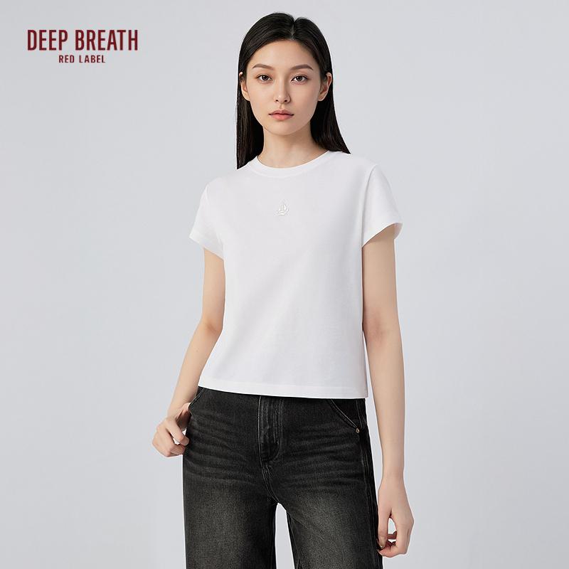 深呼吸红标【航海家】新款简约百搭素色圆领纯棉短袖T恤女D30007