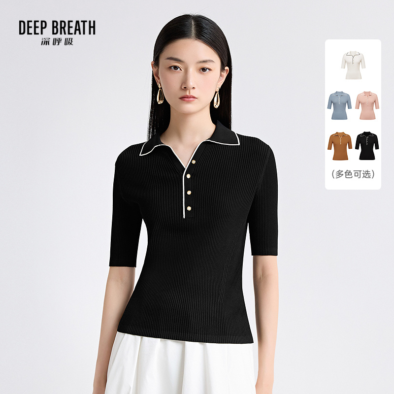 DEEP BREATH深呼吸女装 中袖套头翻领竖坑条拼色毛针织衫A301170