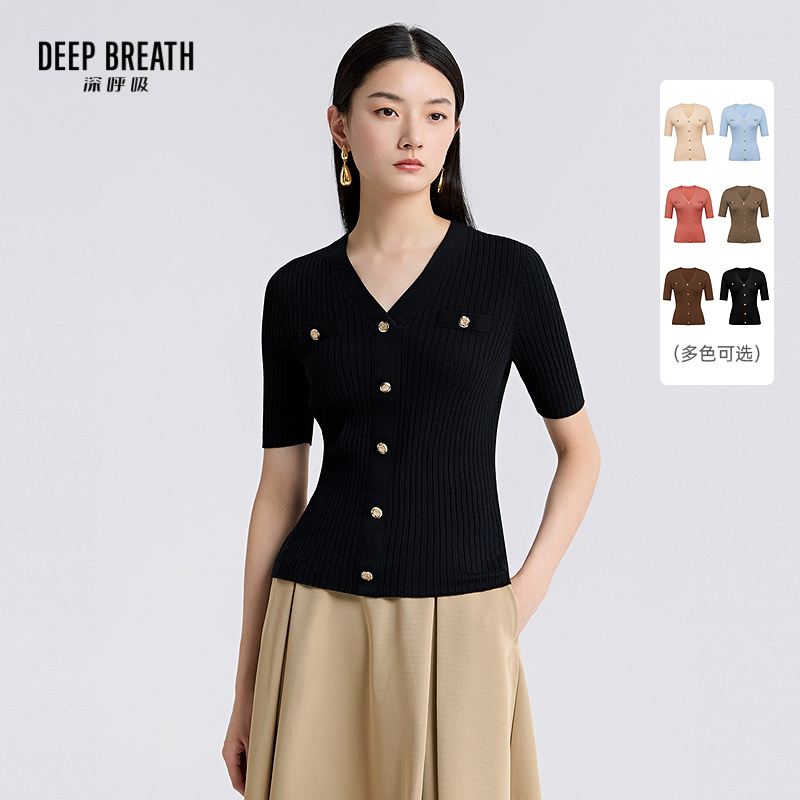 DEEP BREATH深呼吸女装 纯羊毛V领装饰扣半袖坑条针织衫女A301210