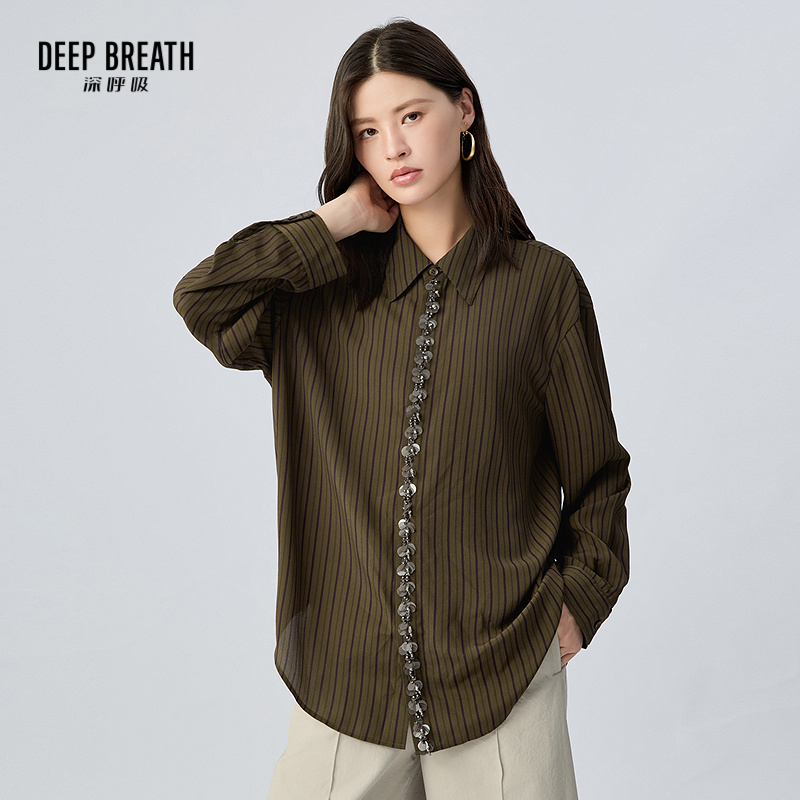 DEEP BREATH深呼吸女装 新款条纹翻领长袖手工钉珠重工感衬衫A302250