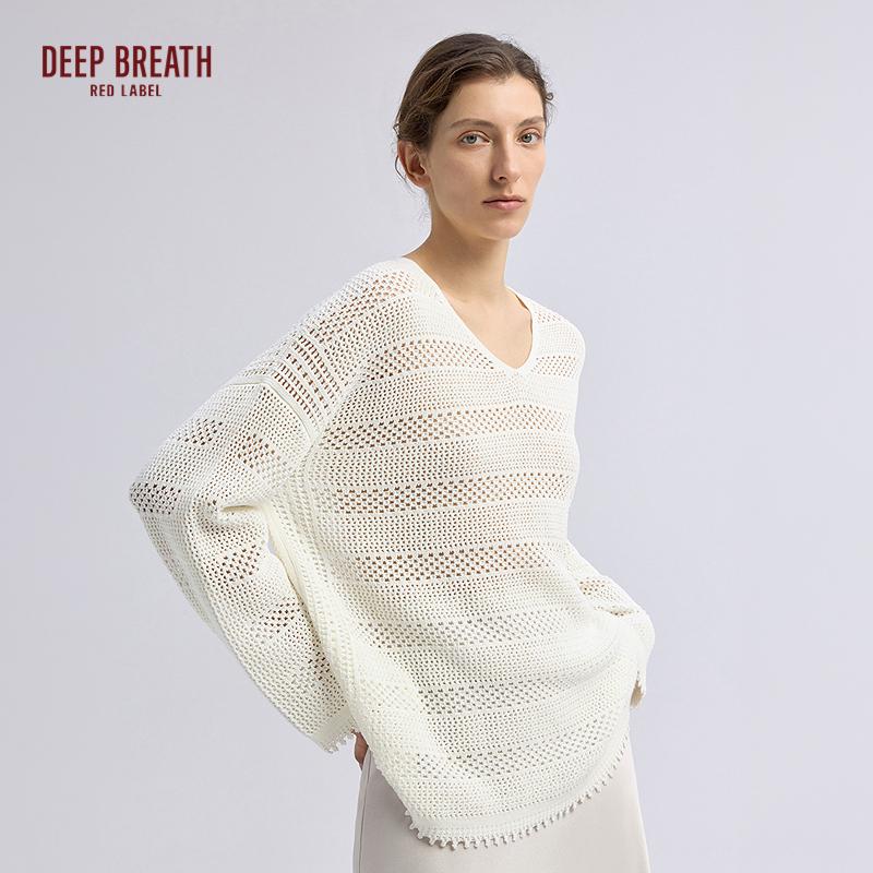 深呼吸红标【航海家】宽松V领落肩纸纱镂空慵懒套头针织D38003