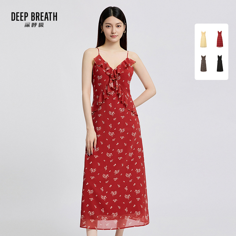DEEP BREATH深呼吸女装 V领吊带荷叶边收腰金葱灵动仙女连衣裙A500391