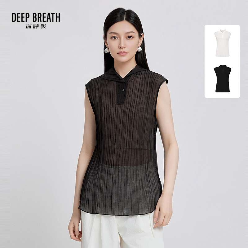 DEEP BREATH深呼吸女装 新款透纱气质无袖翻领设计感衬衫上衣A302830