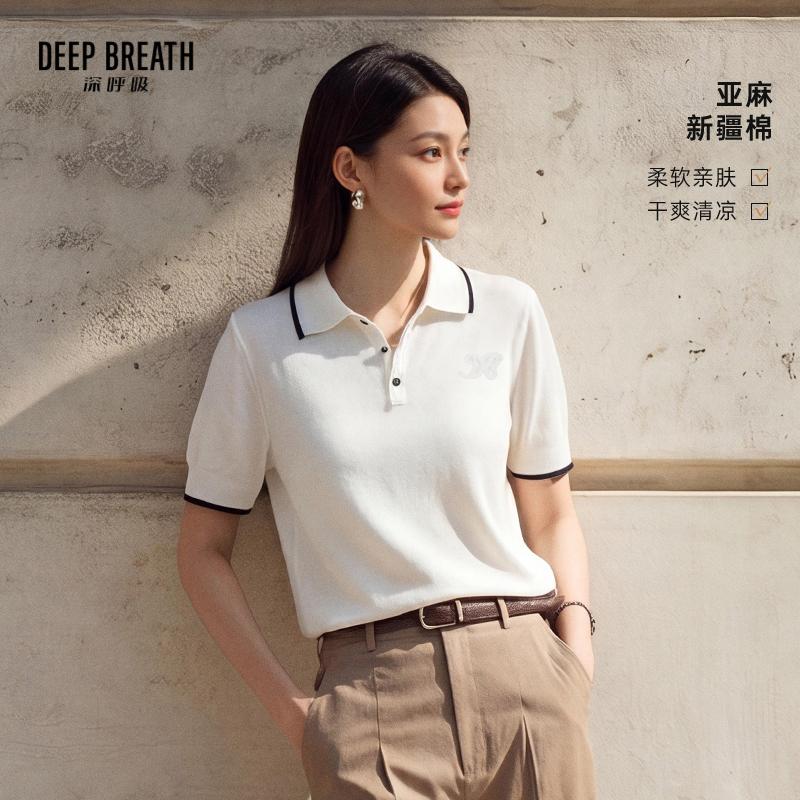 DEEP BREATH深呼吸女装 新款POLO领简约拼条亚麻短袖针织衫A302887
