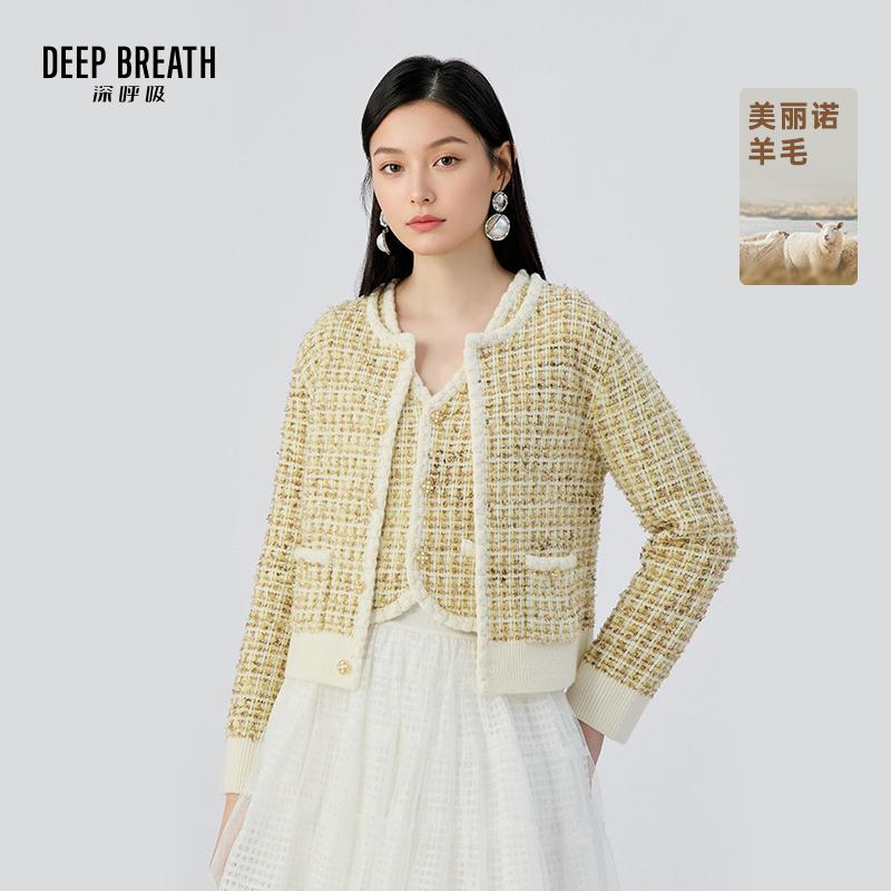 DEEP BREATH深呼吸女装 新款小香风圆领拼色纽扣长袖针织开衫A401647