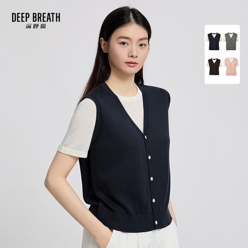 DEEP BREATH深呼吸女装 圆领短袖V领马甲三醋酸假两件针织衫A402393